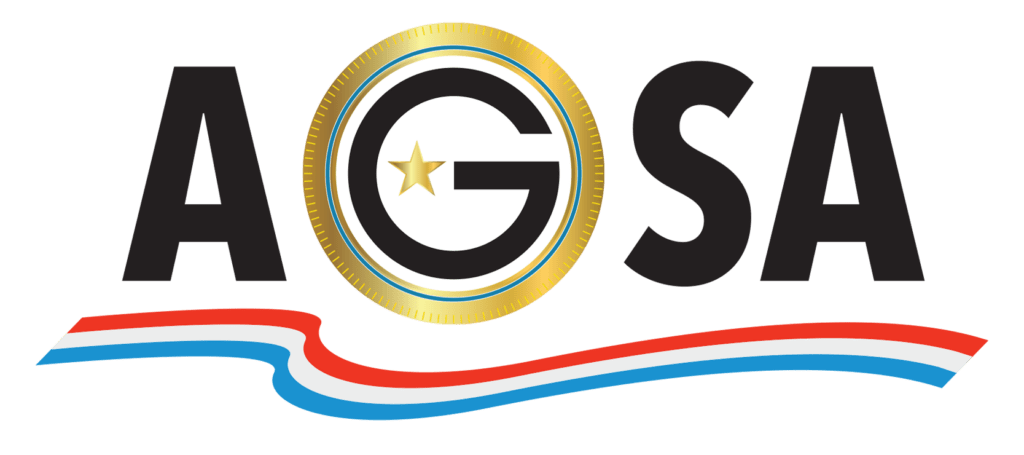 AGSA Logo with a red white and blue ribbon underneath